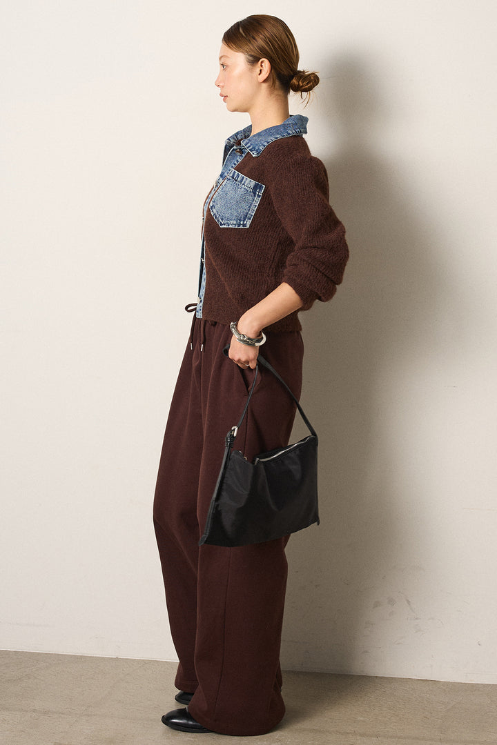 [SET]襟付きデニム切替ニットカーディガン+裏起毛スウェットワイドパンツ(2set)