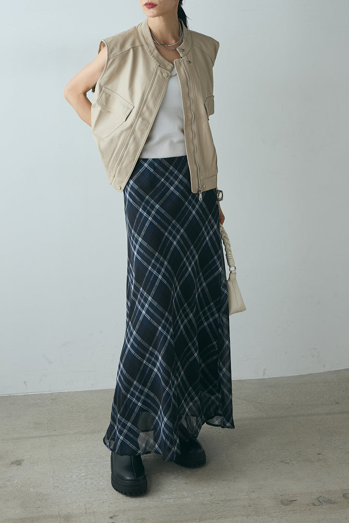 [SET]バンドカラーフェイクレザーベスト+マルチ柄シアースカート(2set)