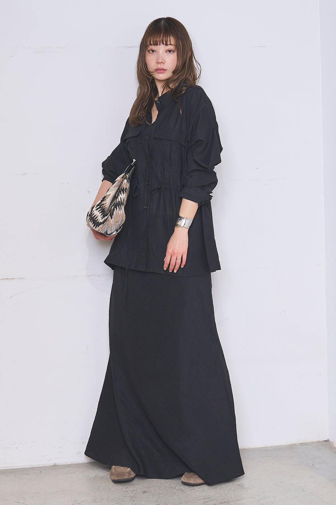 [SET]リネンブレンドシアーサファリシャツ+リネンブレンドロングナロースカート(2set)