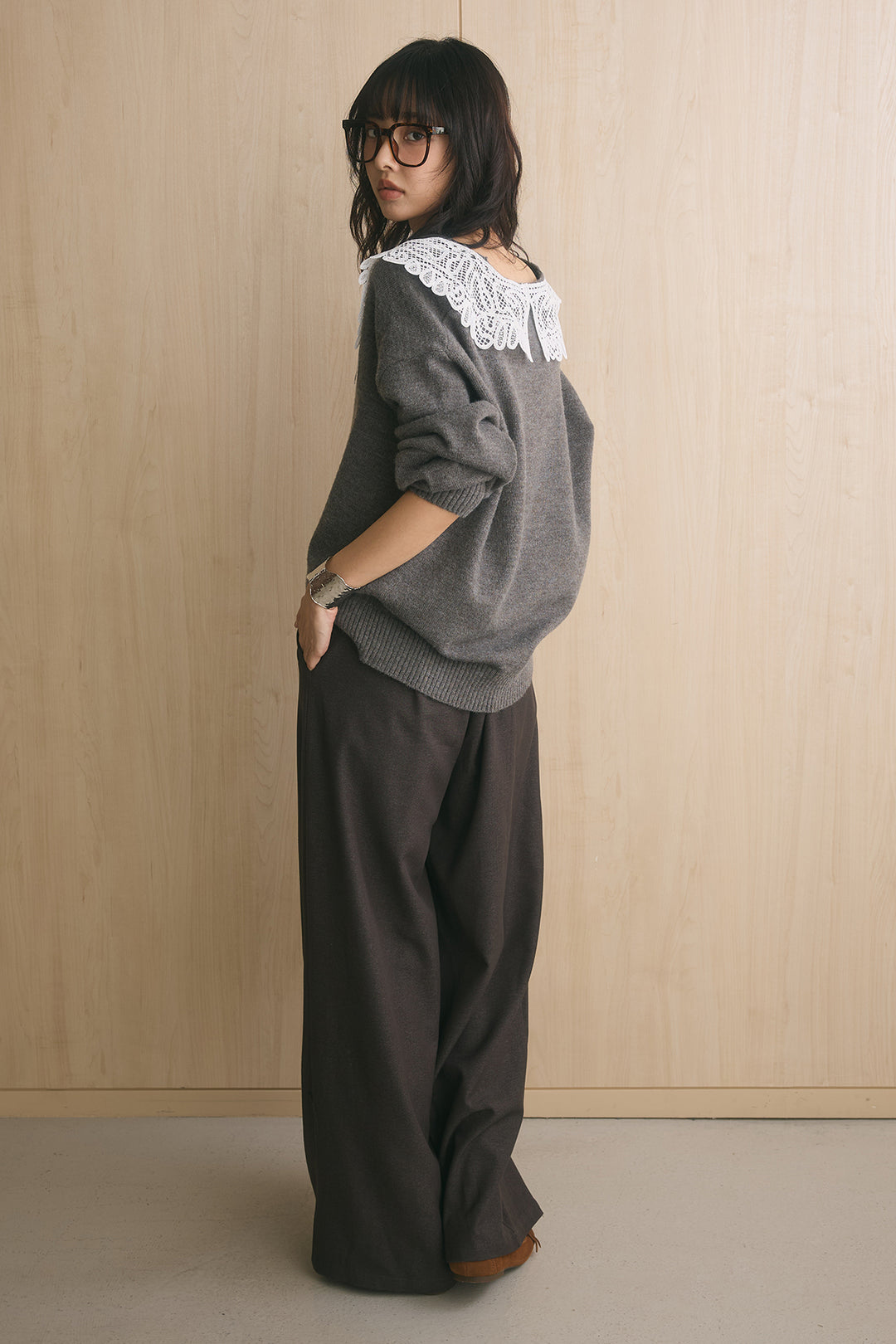 [SET]レースドッキングVネックカーディガン+ウエストレザーライク折り返しワイドパンツ(2set)