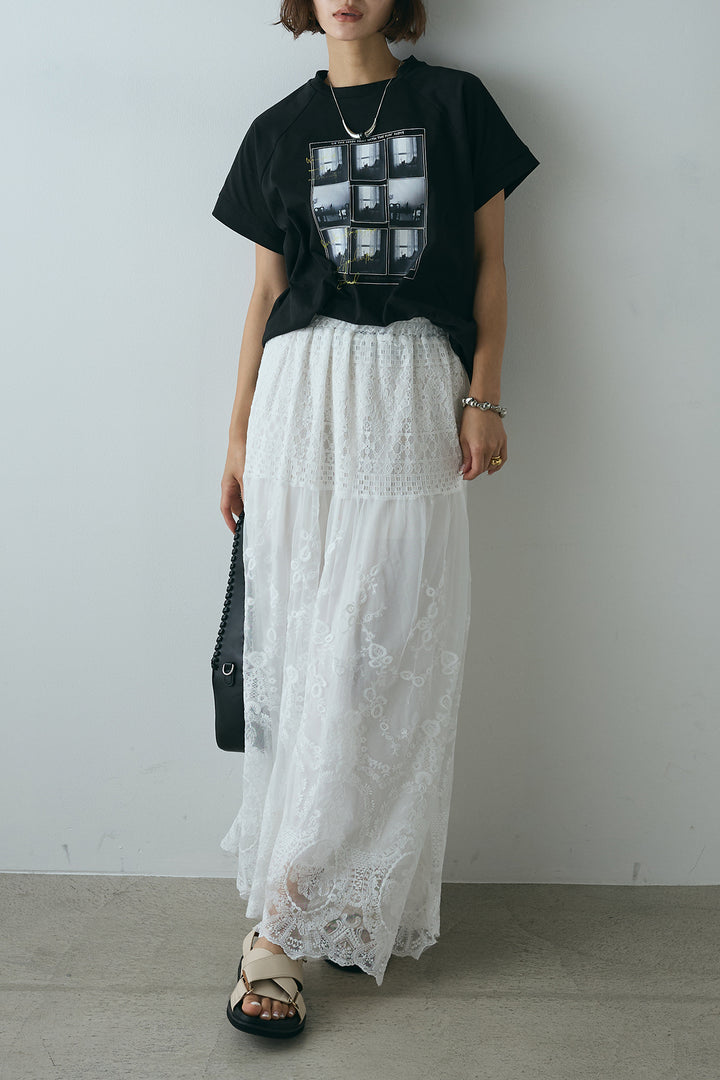 [SET]フォトプリントラグランTシャツ+ミックスレース刺繍スカート(2set)