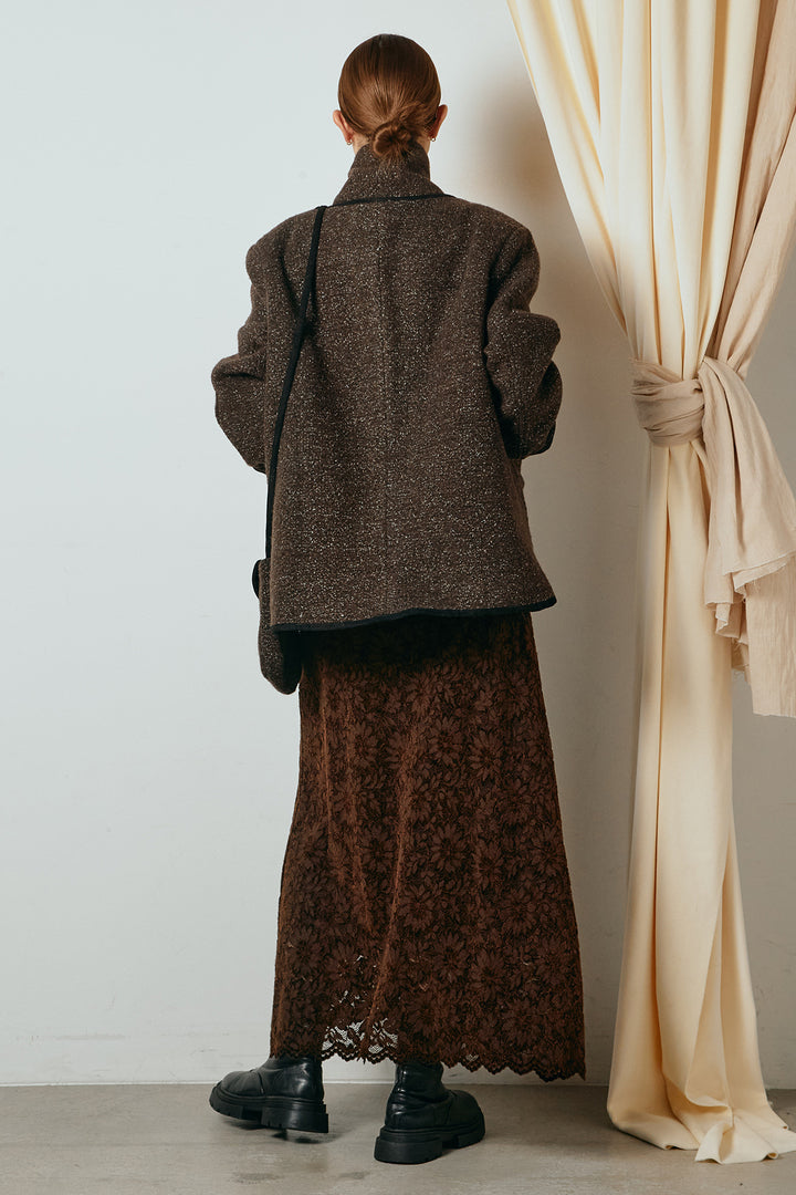 [SET]ノーカラーマフラーバッグ付きアウター+花柄刺繍ベロアフレアスカート(2set)