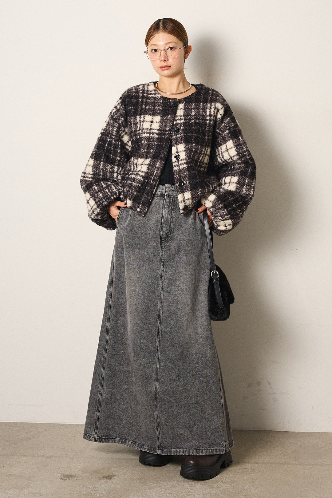 [SET]ノーカラーチェック柄ボアブルゾン+デニムロングフレアスカート(2set)