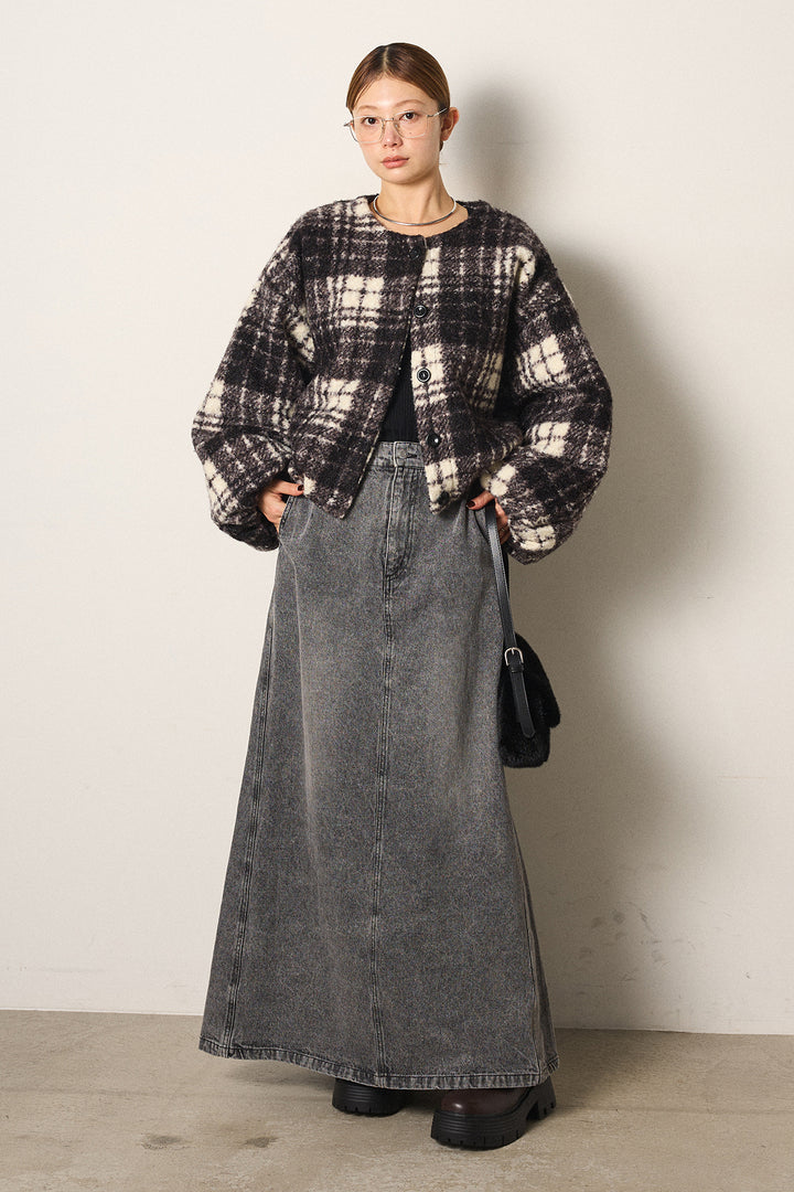 [SET]ノーカラーチェック柄ボアブルゾン+デニムロングフレアスカート(2set)
