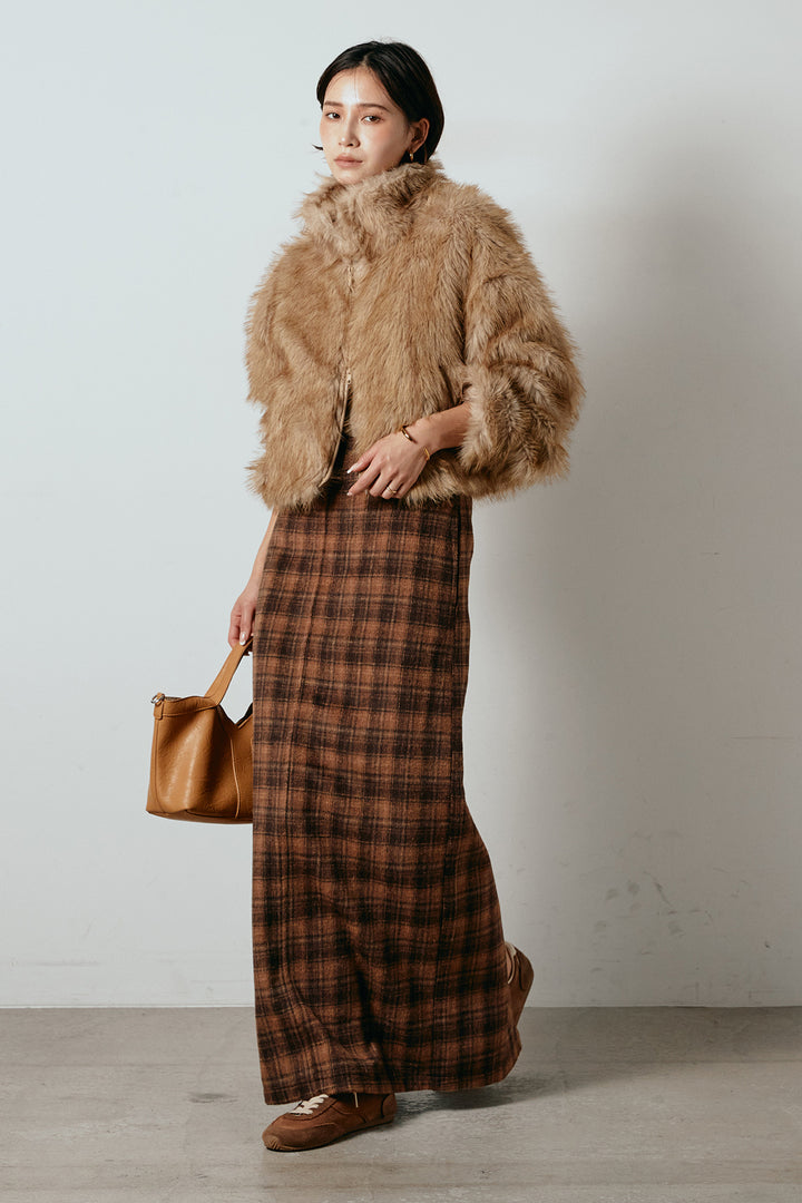 [SET]エコファーショート丈ブルゾン+シャギーチェックストレートスカート(2set)