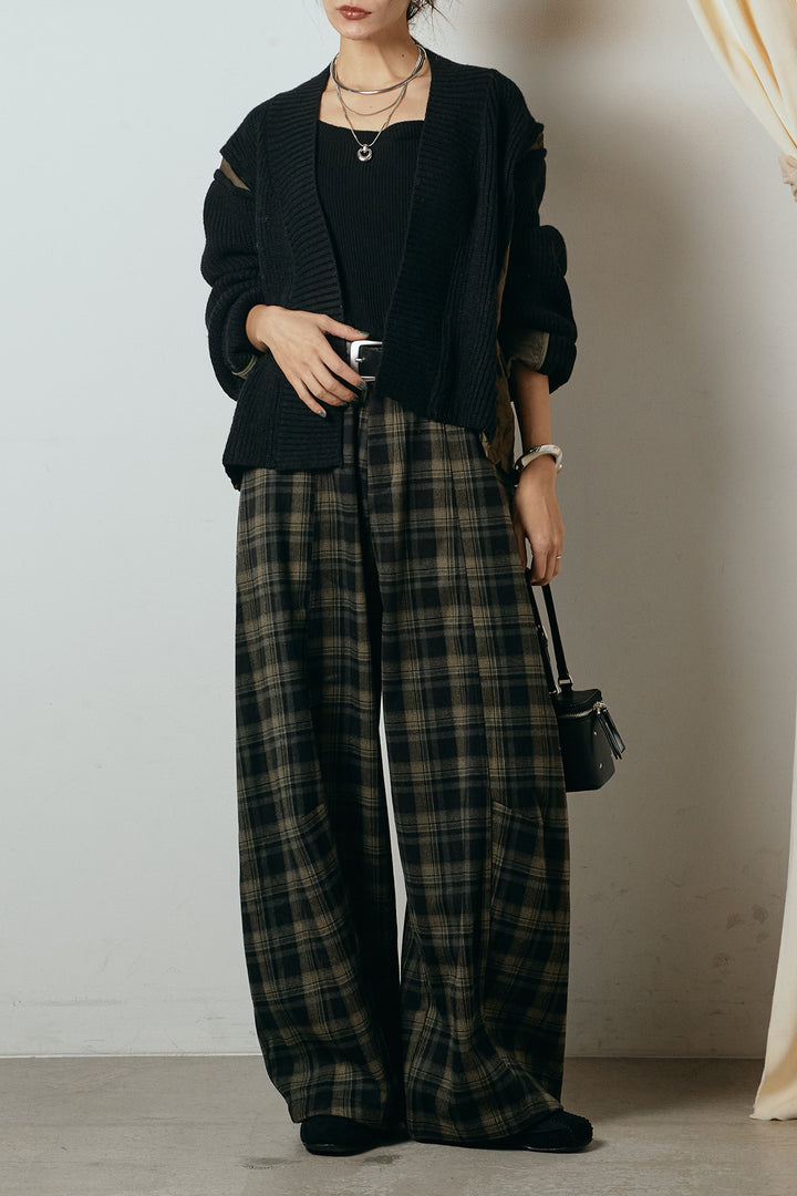 [SET]キルティング切り替えニットカーディガン+ベルト付きタータンチェックカーブワイドパンツ(2set)