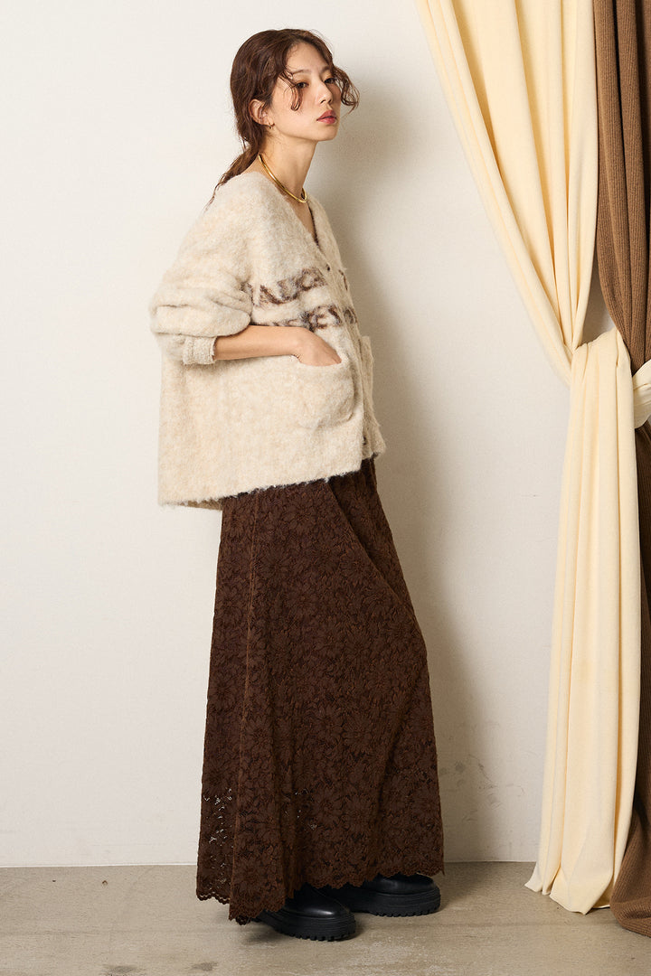 [SET]ウール混透かしロゴニットカーディガン+花柄刺繍ベロアフレアスカート(2set)