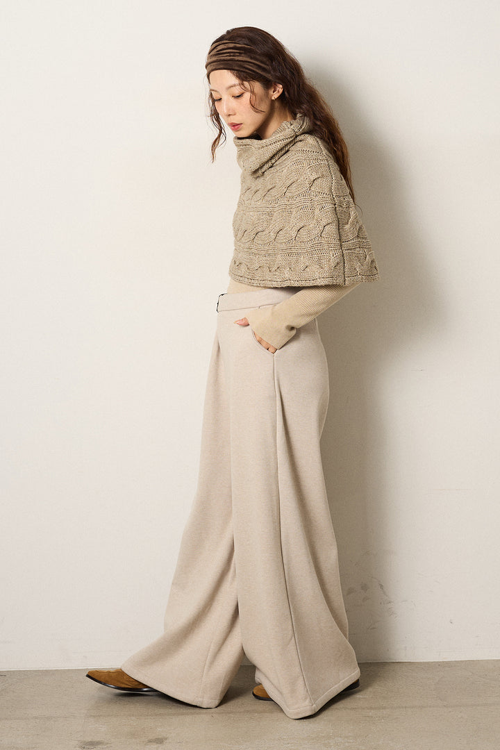 [SET]ケーブル編みケープレイヤードニット+サイドベルトパンツ(2set)