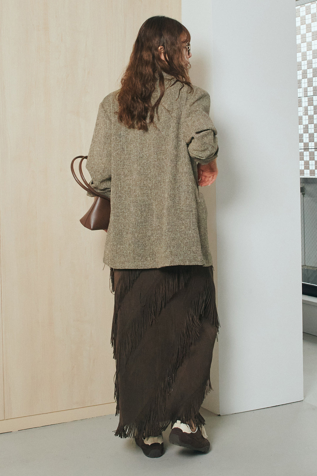 [SET]ミックスツイードベルト付きジャケット+斜めフリンジデザインスカート(2set)