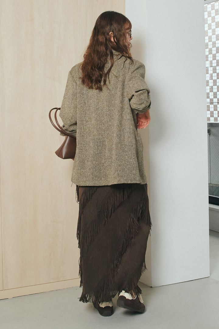 [SET]ミックスツイードベルト付きジャケット+斜めフリンジデザインスカート(2set)