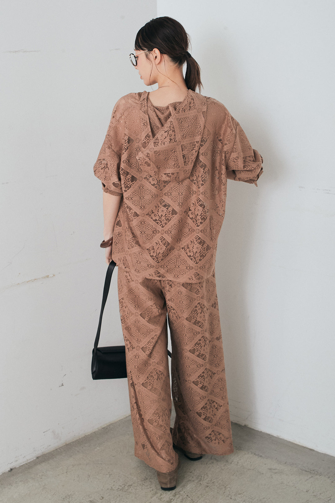 [SET]ブロックレースフード付きブラウス+リラックスブロックレースワイドパンツ(2set)