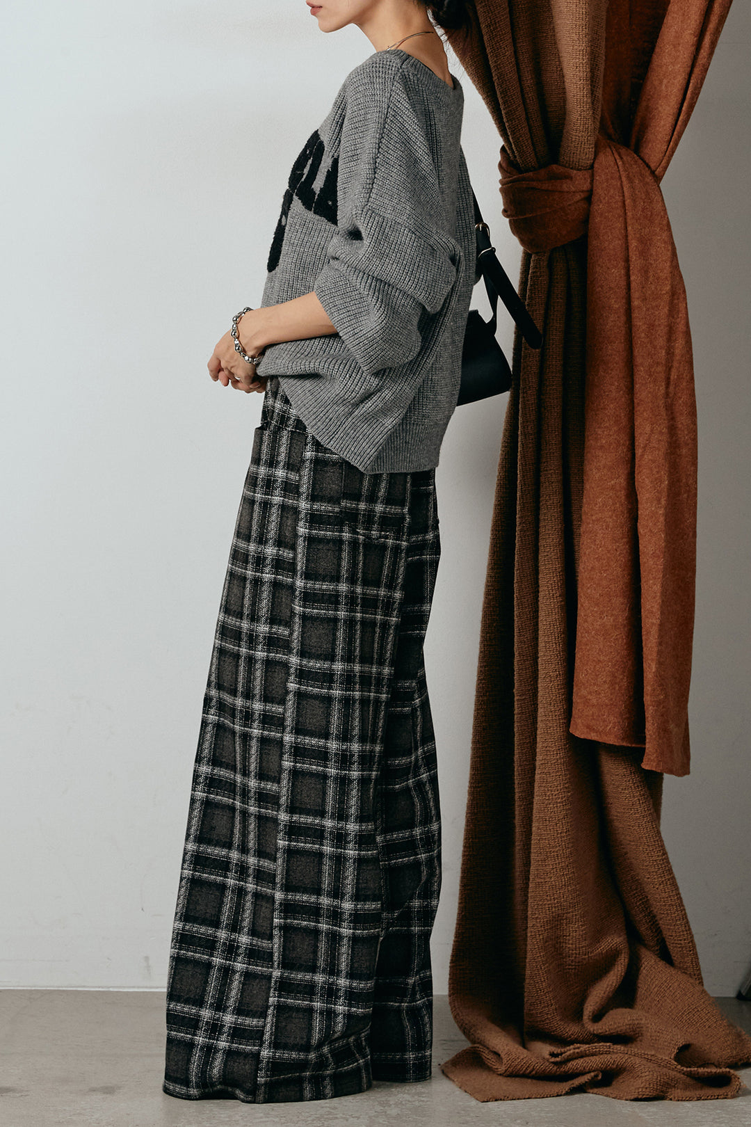 [SET]ロゴジャガードニットトップス+ルーズタータンチェックワイドパンツ(2set)