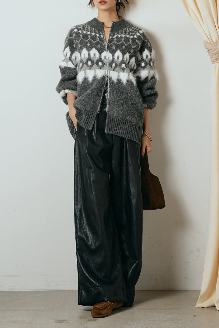 [SET]起毛ダブルジップパターンニットカーディガン+ベルト付きレザーライクタックパンツ(2set)