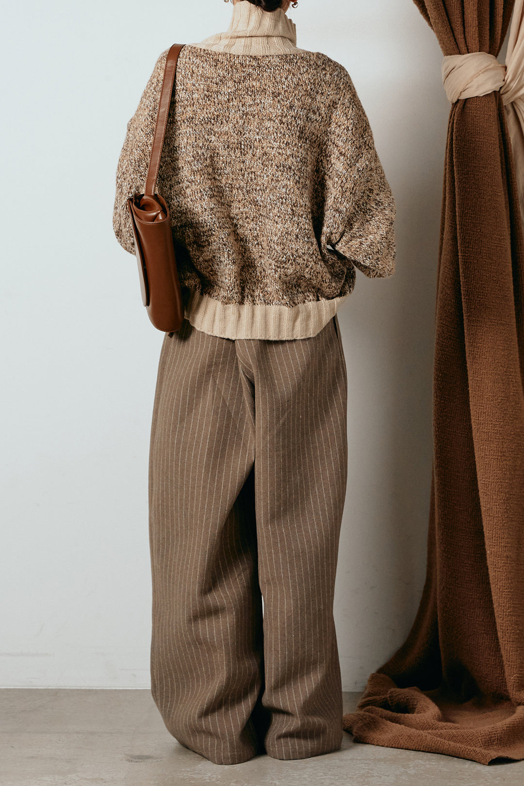 [SET]ハイネックミックスニットカーディガン+ウールライクストライプパンツ(2set)