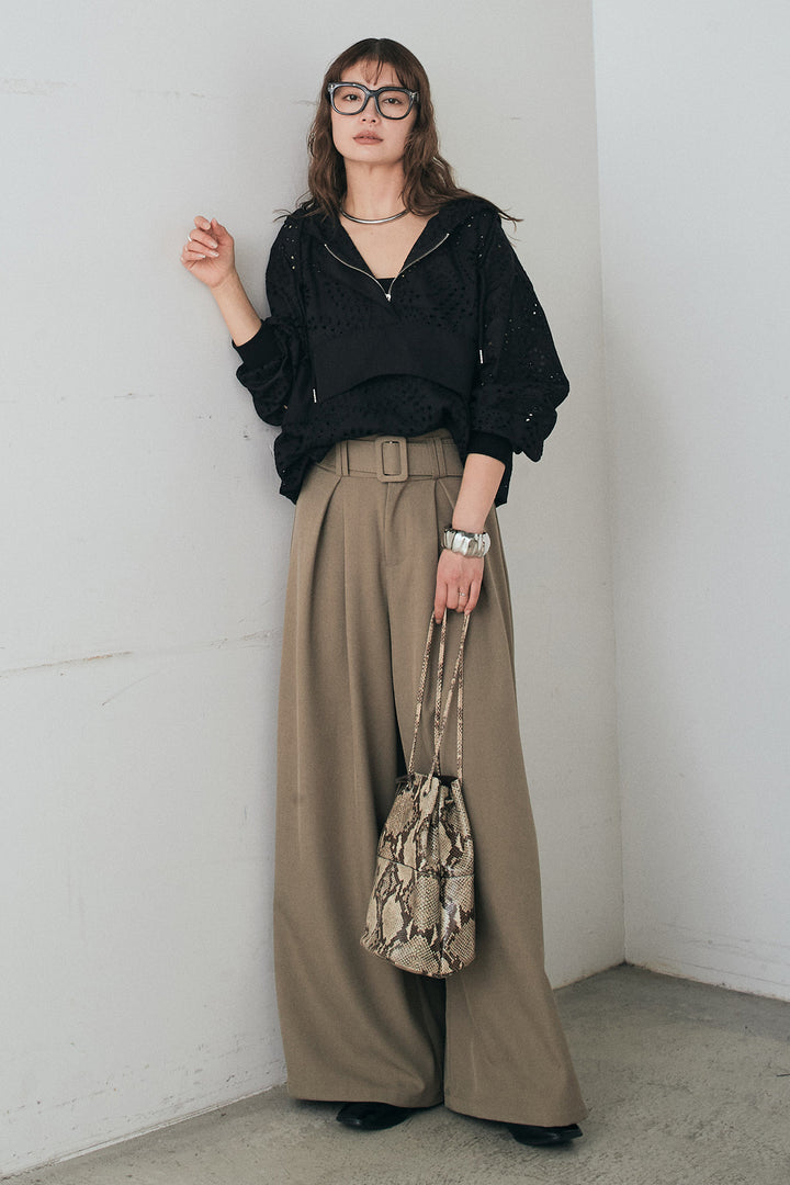 [SET]レースハーフジップアップフーディー+ベルト付きツータックワイドパンツ(2set)