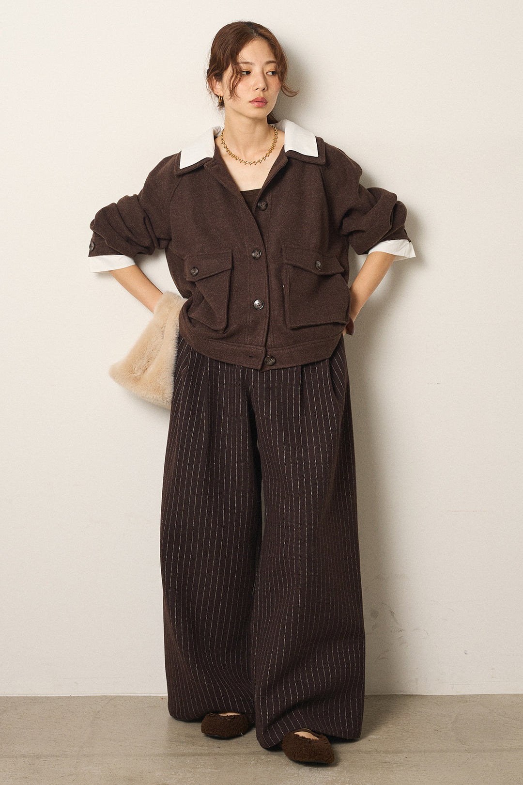 [SET]衿レイヤードフェイクウールジャケット+ウールライクストライプパンツ(2set)