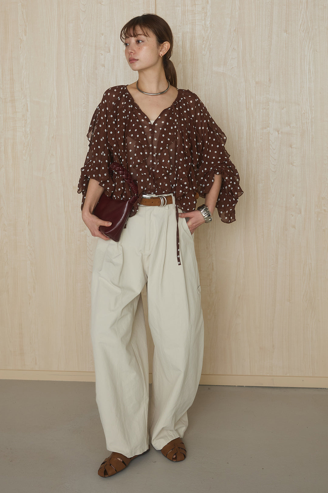 [SET]ドットフリル長袖ブラウス+コットンポリツータックセンターシームカーブパンツ(2set)