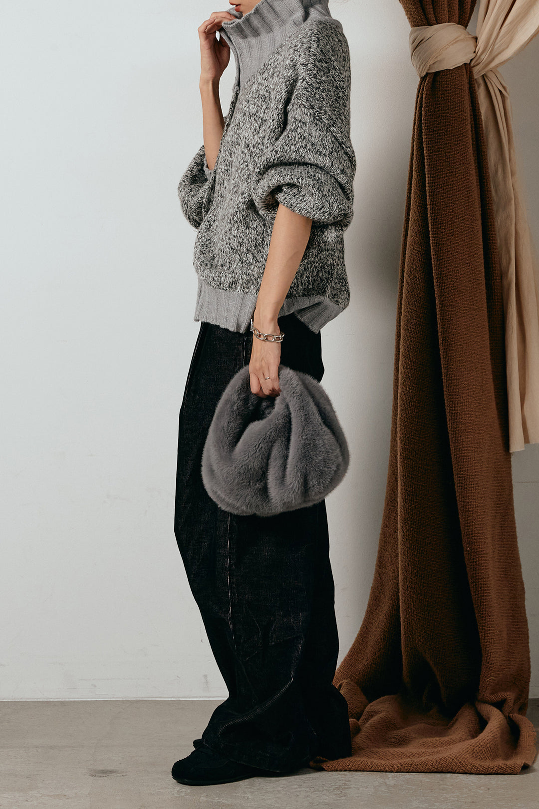 [SET]ハイネックミックスニットカーディガン+フロントタック入りコーデュロイパンツ(2set)