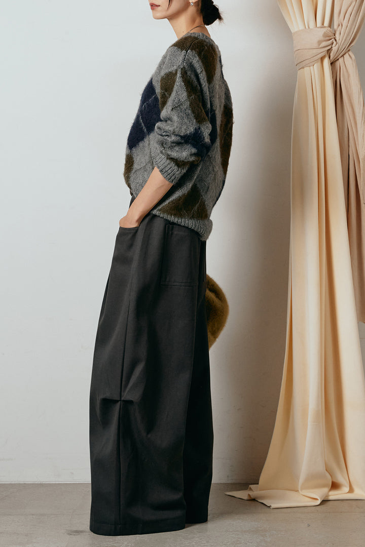 [SET]アクリルモヘアアーガイルVネックプルオーバー+太ベルト付きタックデザインワイドパンツ(2set)