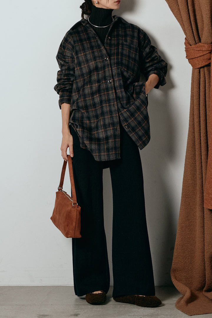 [SET]シャギーチェックシャツジャケット+ワイドリブニットイージーパンツ(2set)