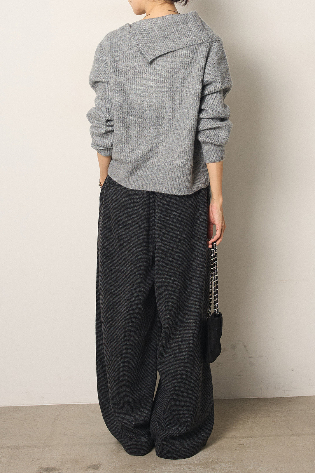 [SET]ボタンデザインネックニットプルオーバー+起毛タック入りツイードワイドパンツ(2set)