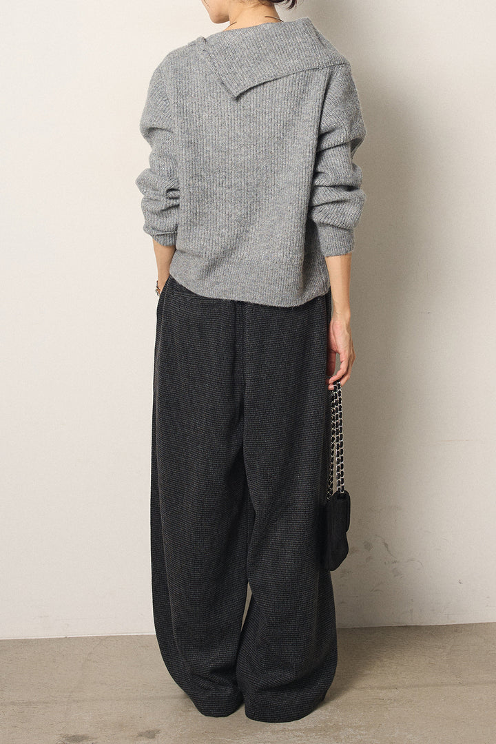 [SET]ボタンデザインネックニットプルオーバー+起毛タック入りツイードワイドパンツ(2set)