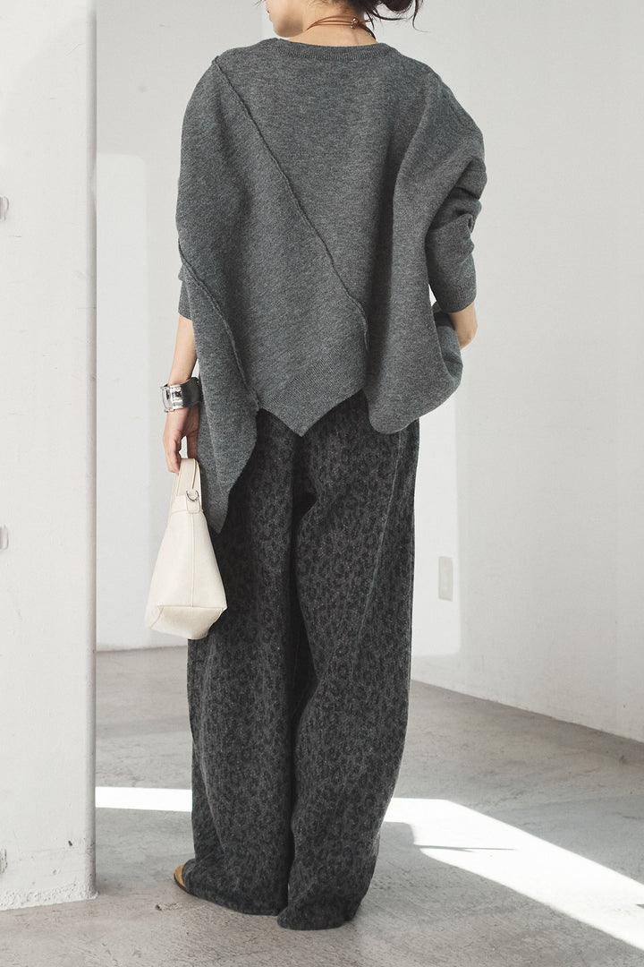 [SET]アシンメトリーデザインニットトップス+リラックスレオパード柄ワイドパンツ(2set)