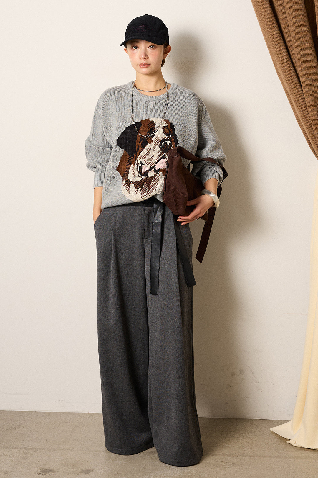 [SET]アニマルジャガード柄ニットトップス+巻ベルトウエストレザーライクワイドパンツ(2set)