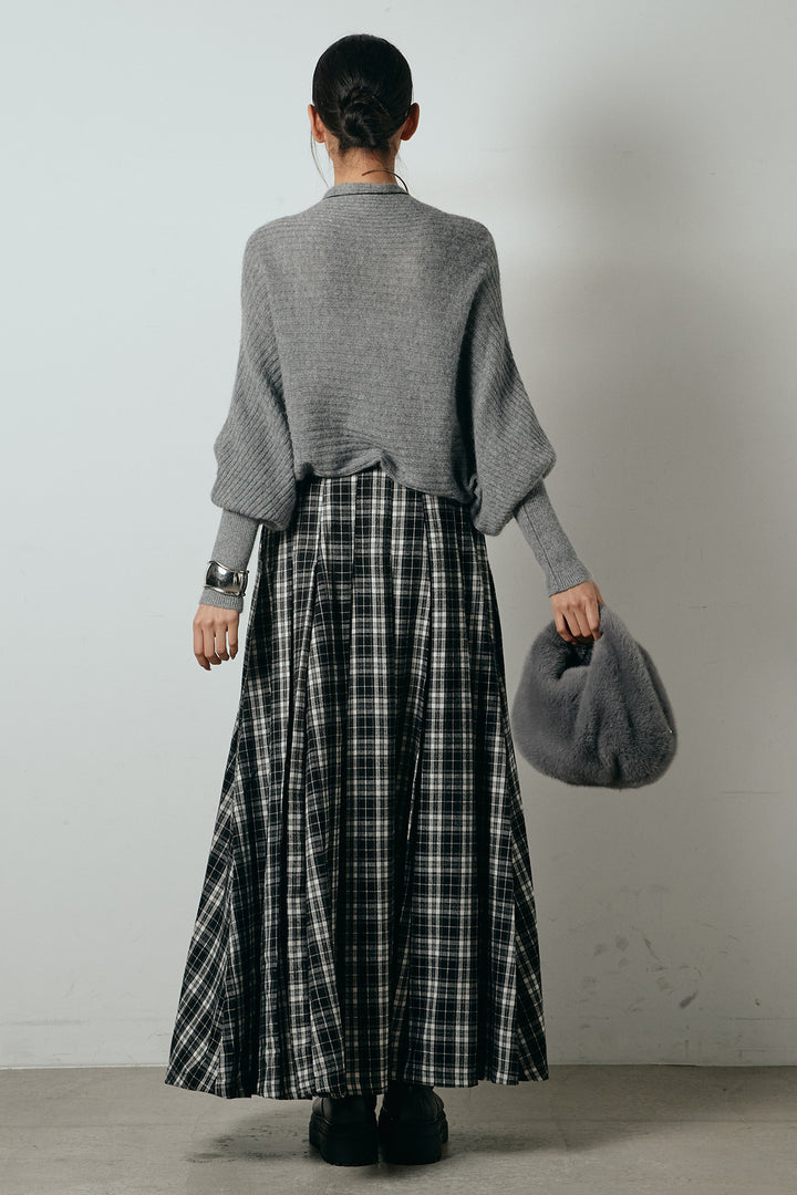 [SET]ポンチョシルエット透かしニットトップス+ベルト付きタータンチェックプリーツスカート(2set)