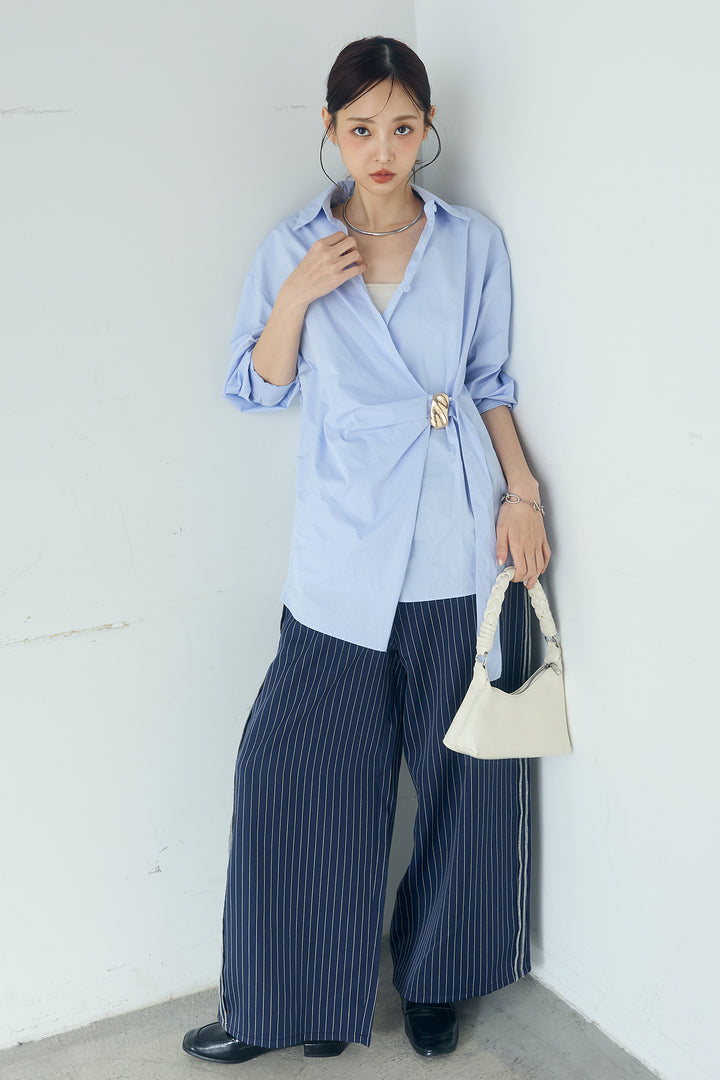 [SET]サイド留め具デザインシャツ+ストライプ柄トラックイージーパンツ(2set)