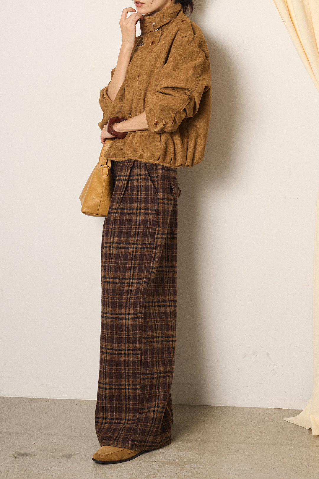 [SET]スタンド襟スウェードライクアウター+スタッズデザインベルトタータンチェックパンツ(2set)