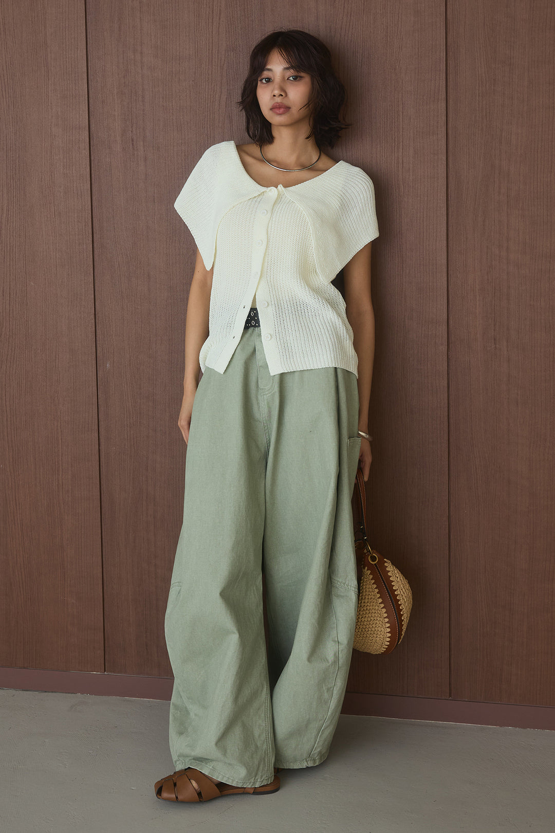 [SET]ビッグカラーボタンニットトップス+ベルト付きカラーデニムパンツ(2set)