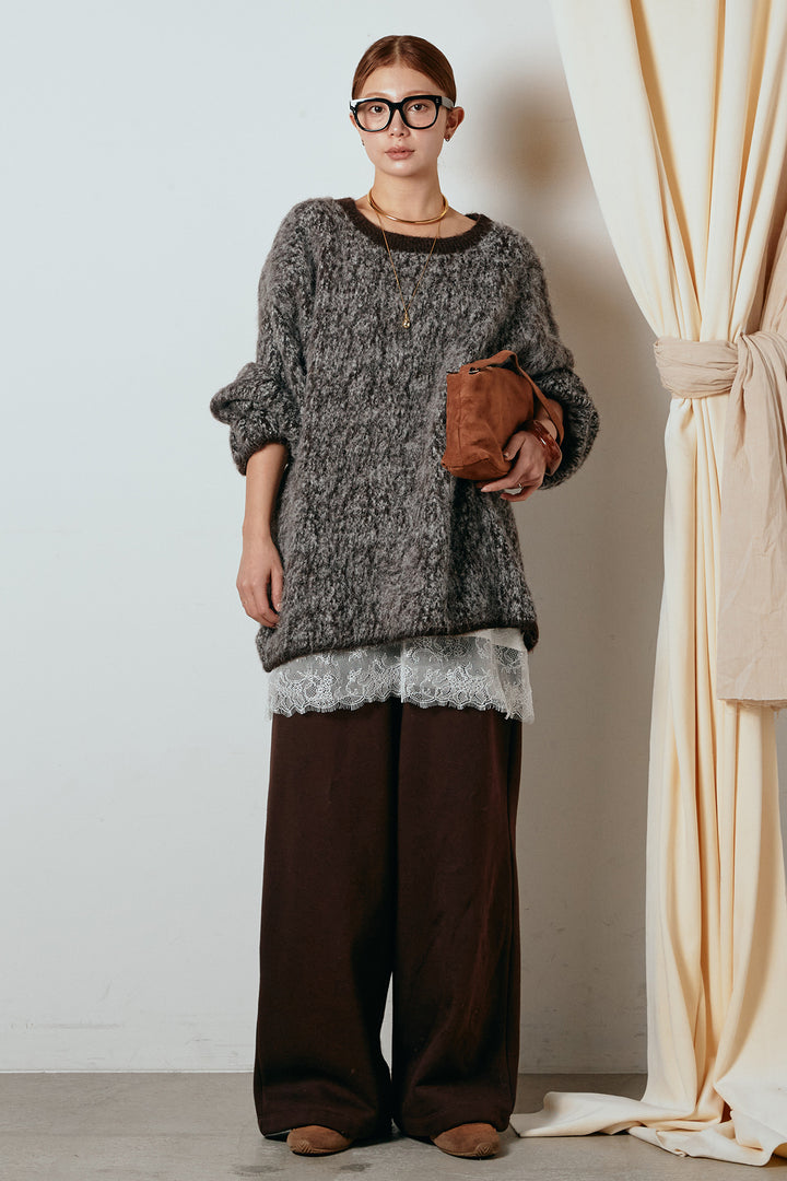[SET]ボリュームスリーブミックスニットトップス+裏起毛スウェットワイドパンツ+レース切り替えキャミソール(3set)