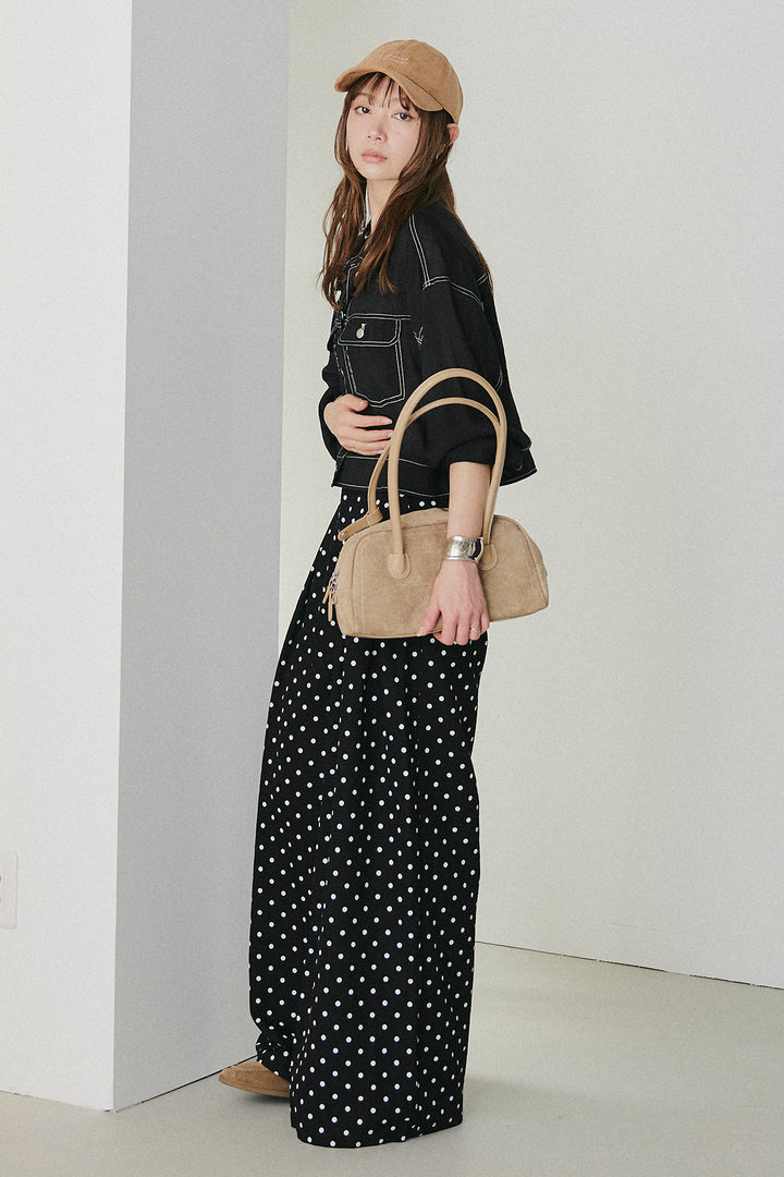 [SET]配色ステッチシアーシャツ+ベルト付きドット柄ワイドパンツ(2set)