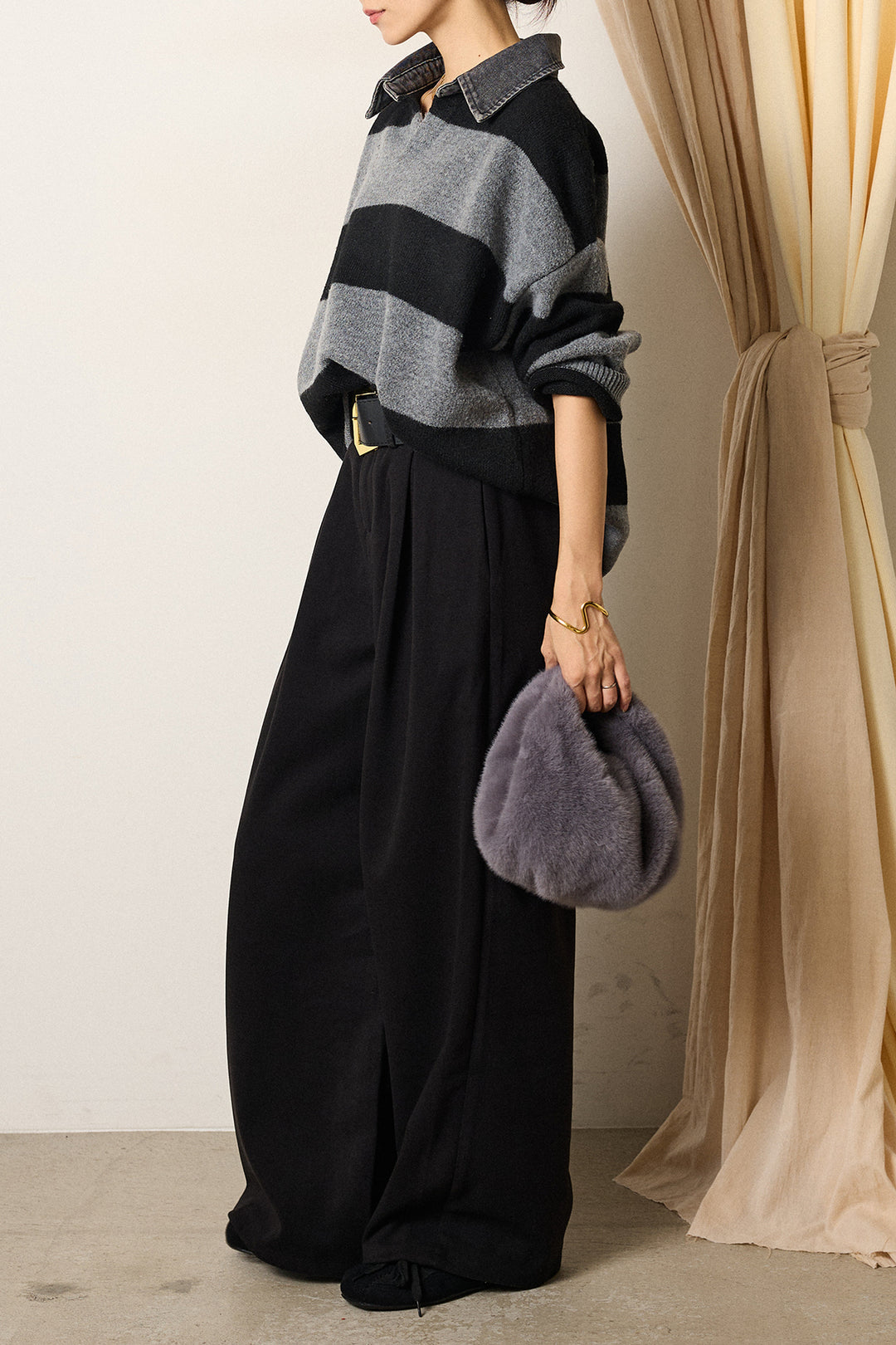 [SET]デニムカラーボーダールーズニット+ゴールドバックル太ベルト付きワイドパンツ(2set)