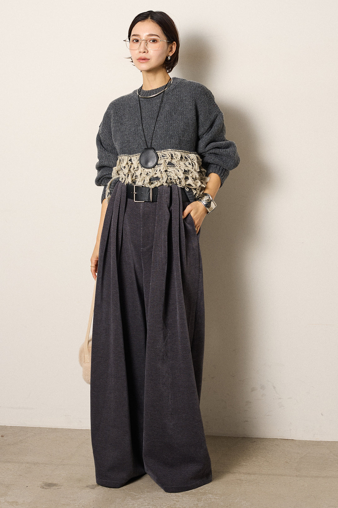 [SET]ループ編み切り替えニットプルオーバー+ベルトループコーデュロイワイドパンツ(2set)