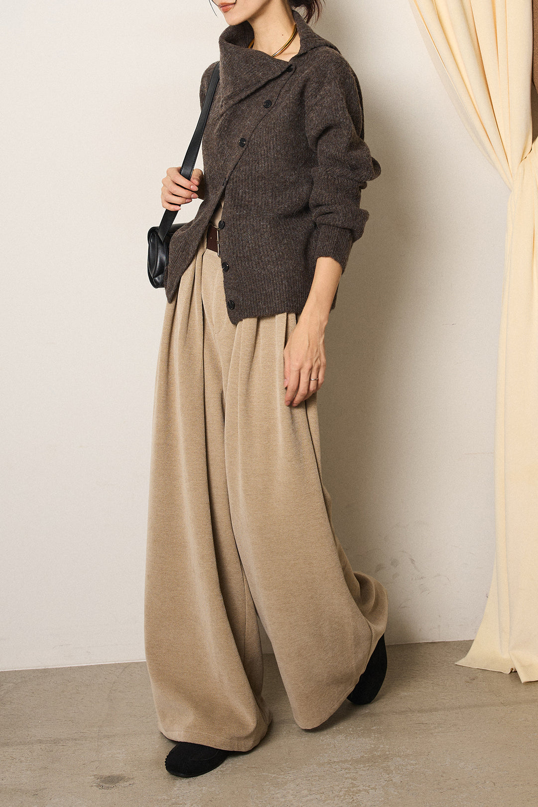 [SET]ボタンデザインネックニットプルオーバー+ベルトループコーデュロイワイドパンツ(2set)