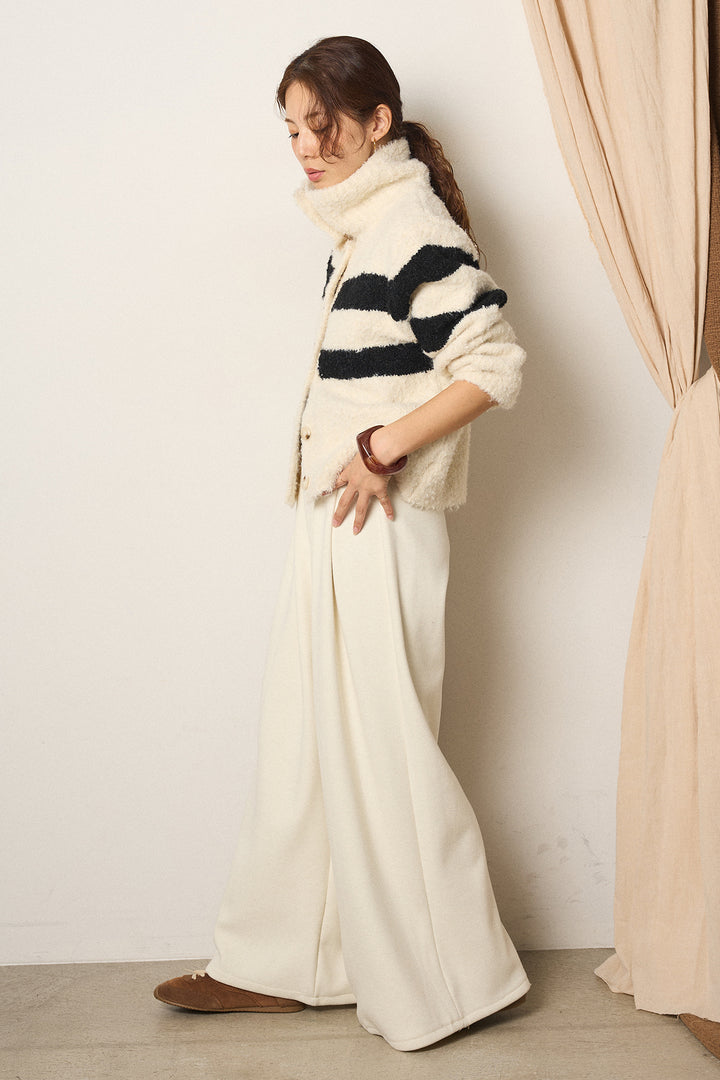 [SET]ハイネックボーダーニットカーディガン+フェイクレザー太ベルト付きタックワイドパンツ(2set)