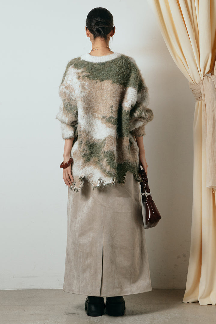 [SET]起毛裾デザインニュアンス柄ニットトップス+エコスウェードワイドスカート(2set)
