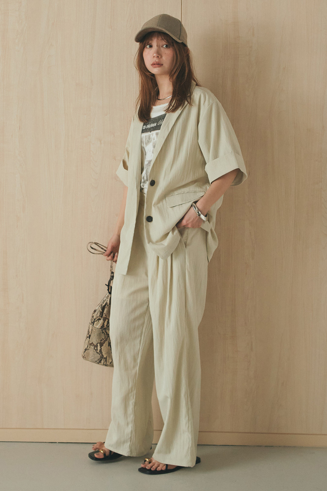 [SET]リネンライクテーラードハーフスリーブジャケット+リネンライク2タックワイドパンツ(2set)