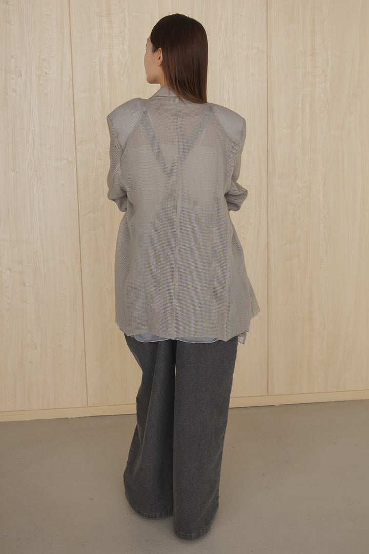 [SET]メッシュテーラードワイドジャケット+フロントボタンデニムサロペット(2set)