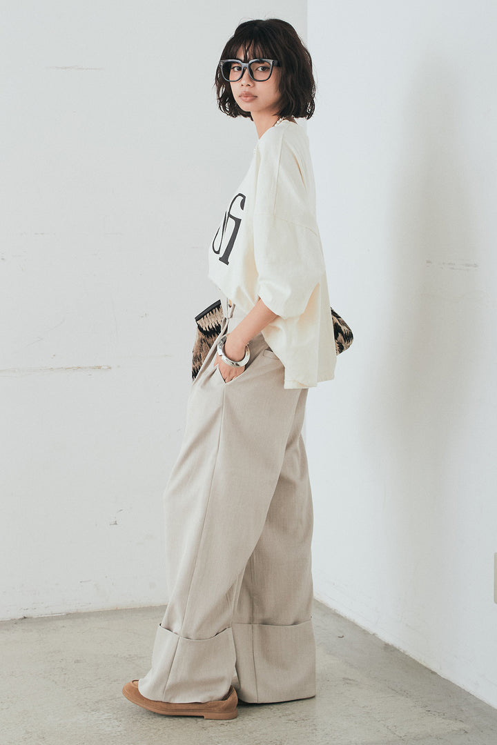 [SET]裾センタードロストロゴプリントワイドTシャツ+センタープレスセミワイドパンツ(2set)