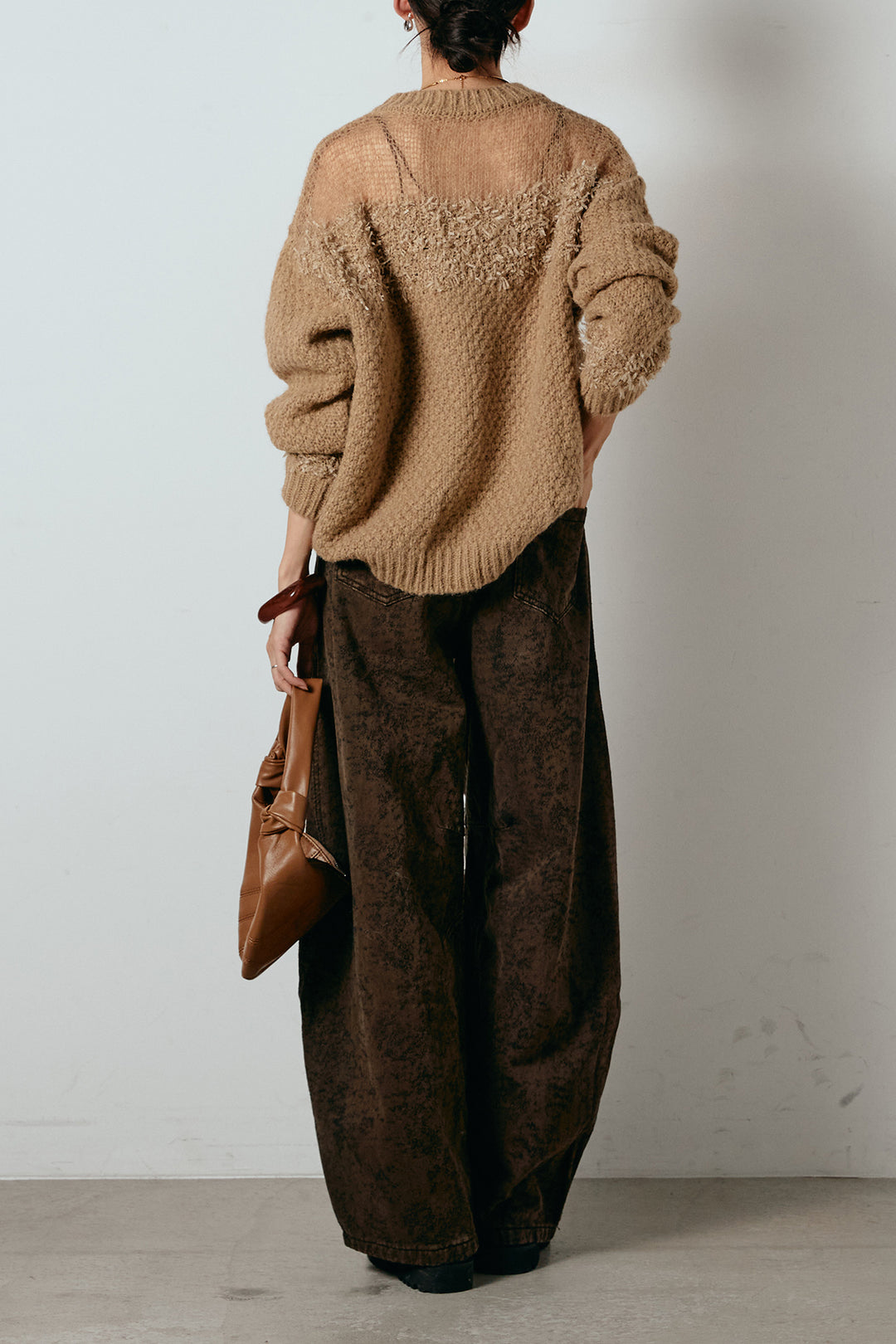 [SET]パターンランダム編みニットトップス+ベルト付きニュアンス柄カーブワイドパンツ(2set)