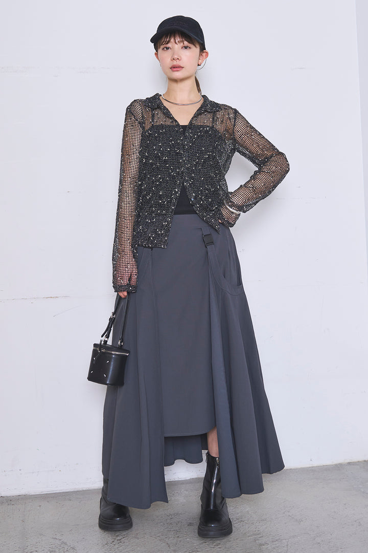 [SET]ネップメッシュポロ襟カーディガン+ラップレイヤードアシンメトリーデザインスカート(2set)