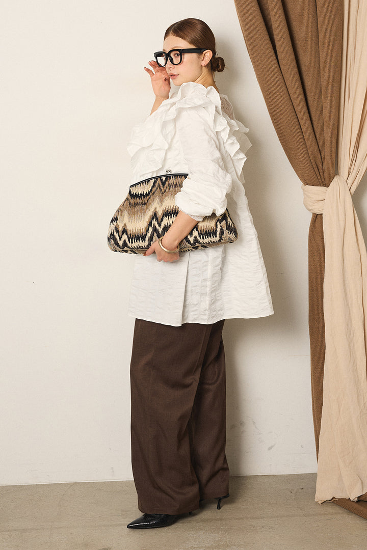 [SET]Vネックフリルカラーブラウス+ツイルスプリングカラータックパンツ(2set)