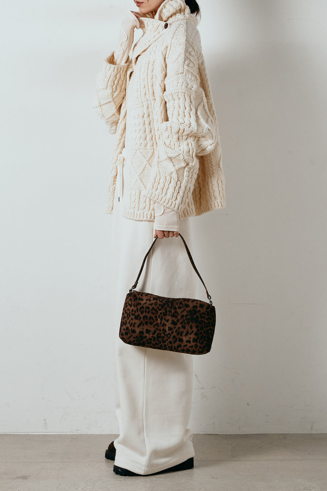 [SET]ビッグカラーケーブル編みニットトップス+裏起毛スウェットワイドパンツ(2set)