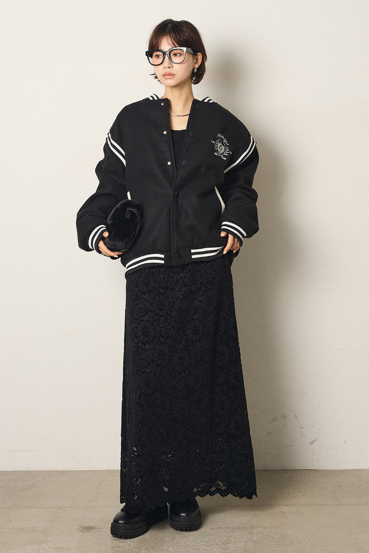 [SET]ワンポイントデザインブルゾン+花柄刺繍ベロアフレアスカート(2set)