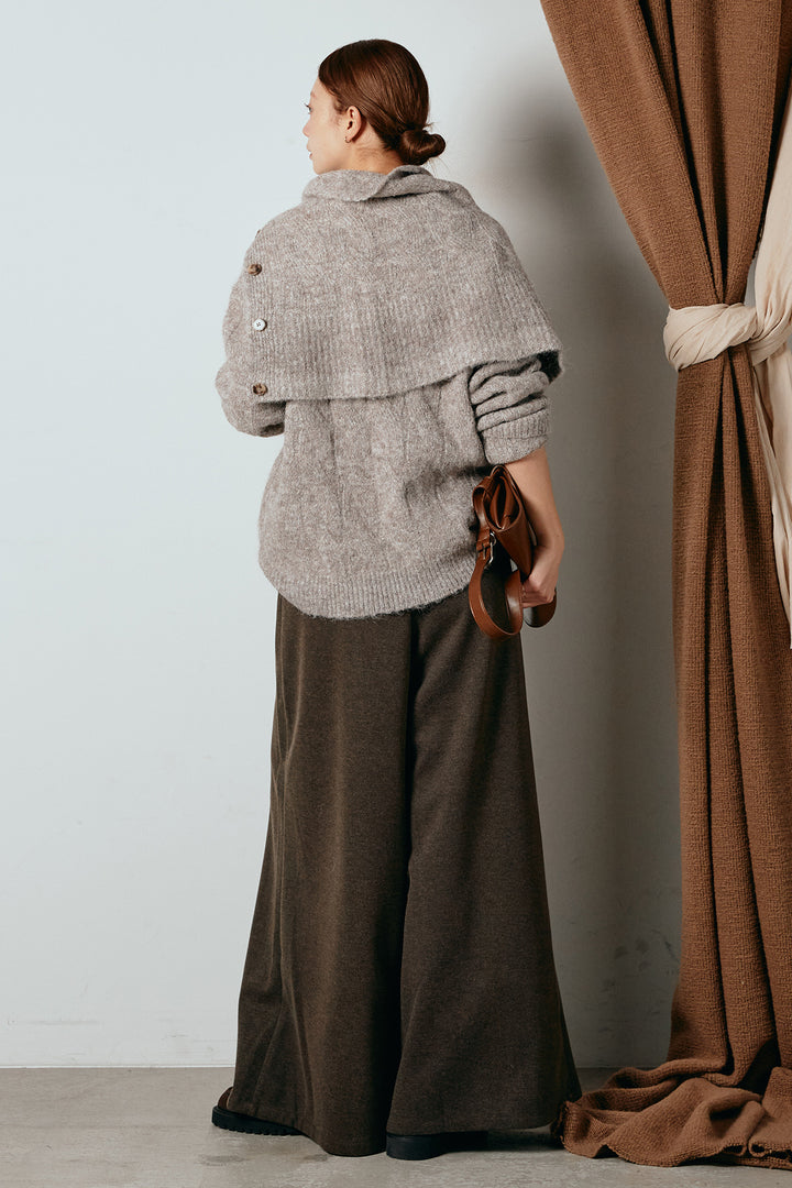 [SET]ケープデザインケーブルニットトップス+ベルト付きフロントタックデザインパンツ(2set)