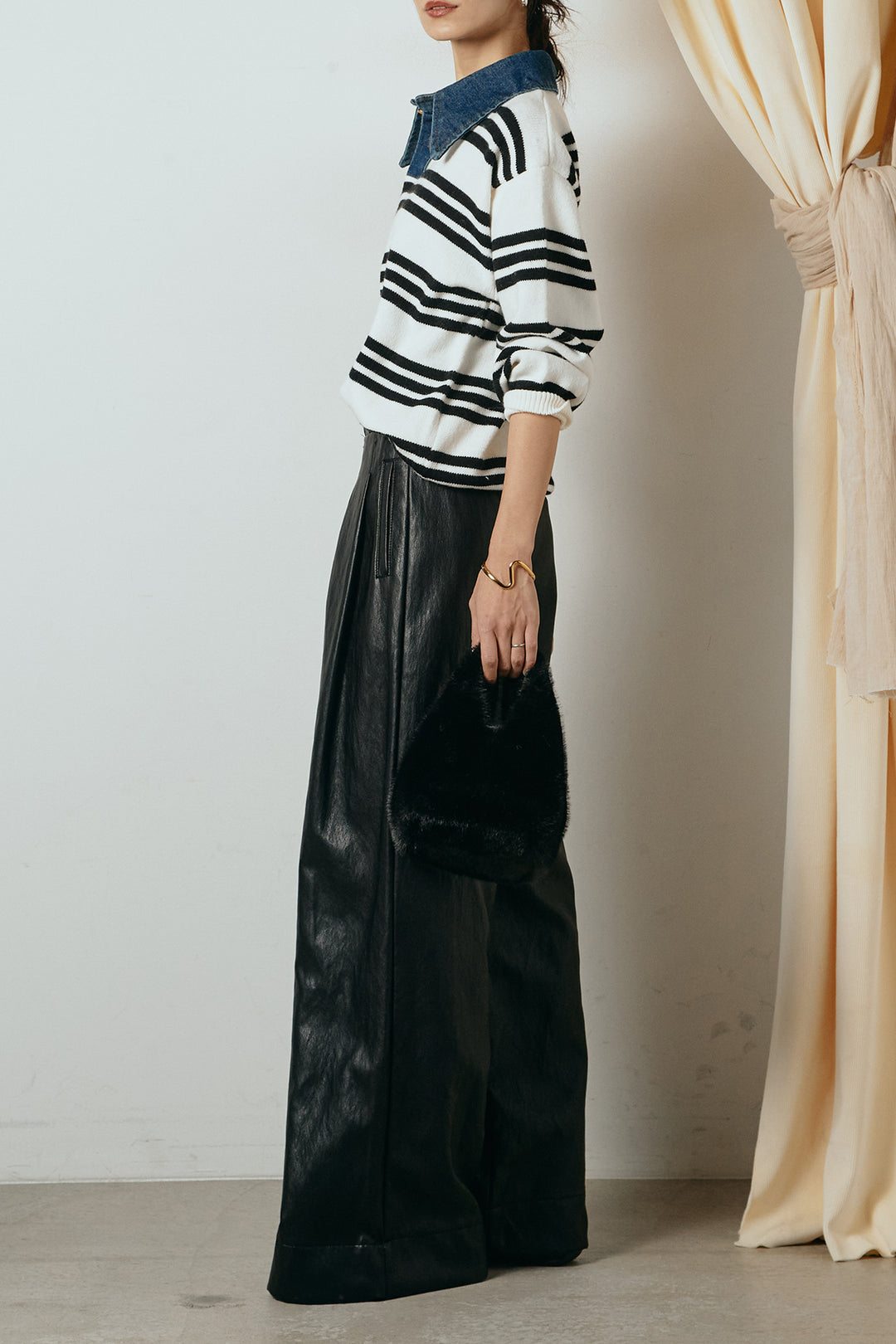 [SET]デニムレイヤード風ランダムボーダーニットプルオーバー+ベルト付きレザーライクタックパンツ(2set)