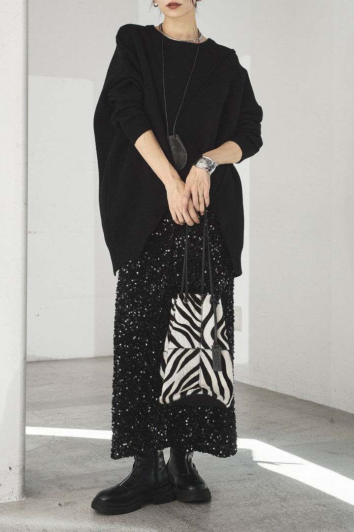 [SET]アシンメトリーデザインニットトップス+スパンコールニットワイドスカート(2set)